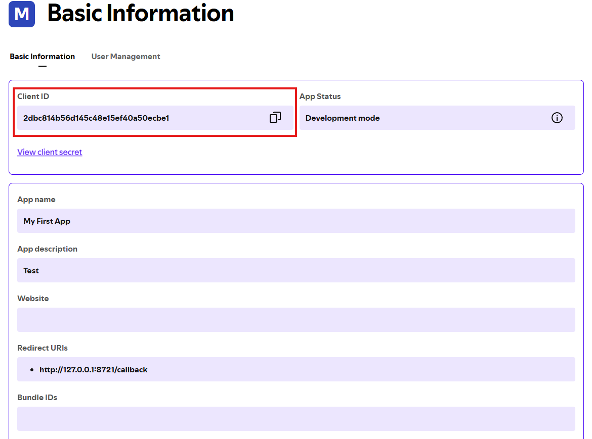 Basic Information page — copy Client ID